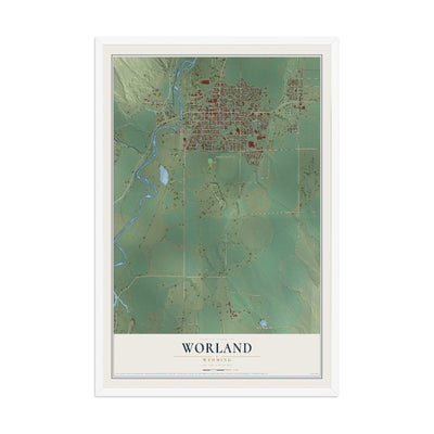 Map of Worland, Wyoming, 12 x 18 inch print in a white wood frame