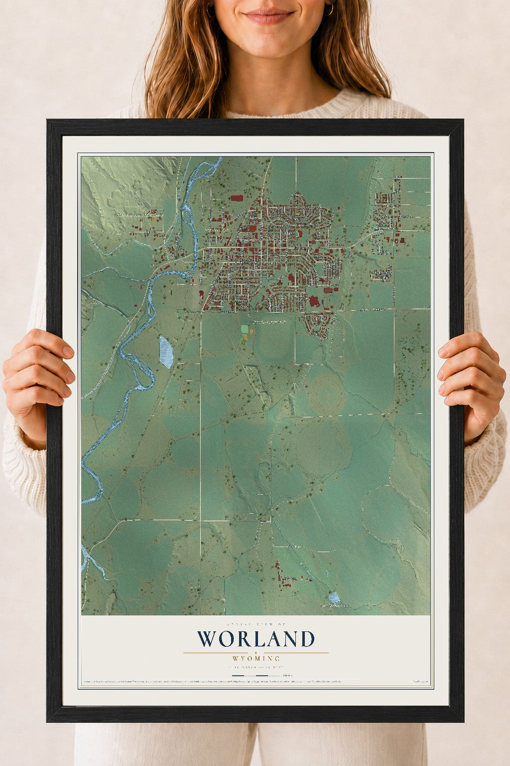Map of Worland, Wyoming, 18 x 24 inch print in a black wood frame