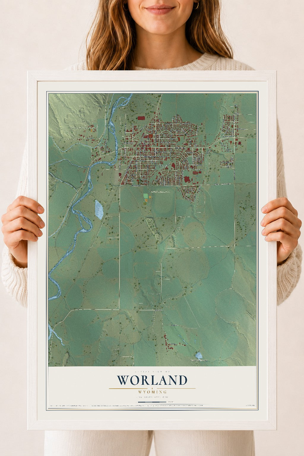 Map of Worland, Wyoming, 18 x 24 inch print in a white wood frame