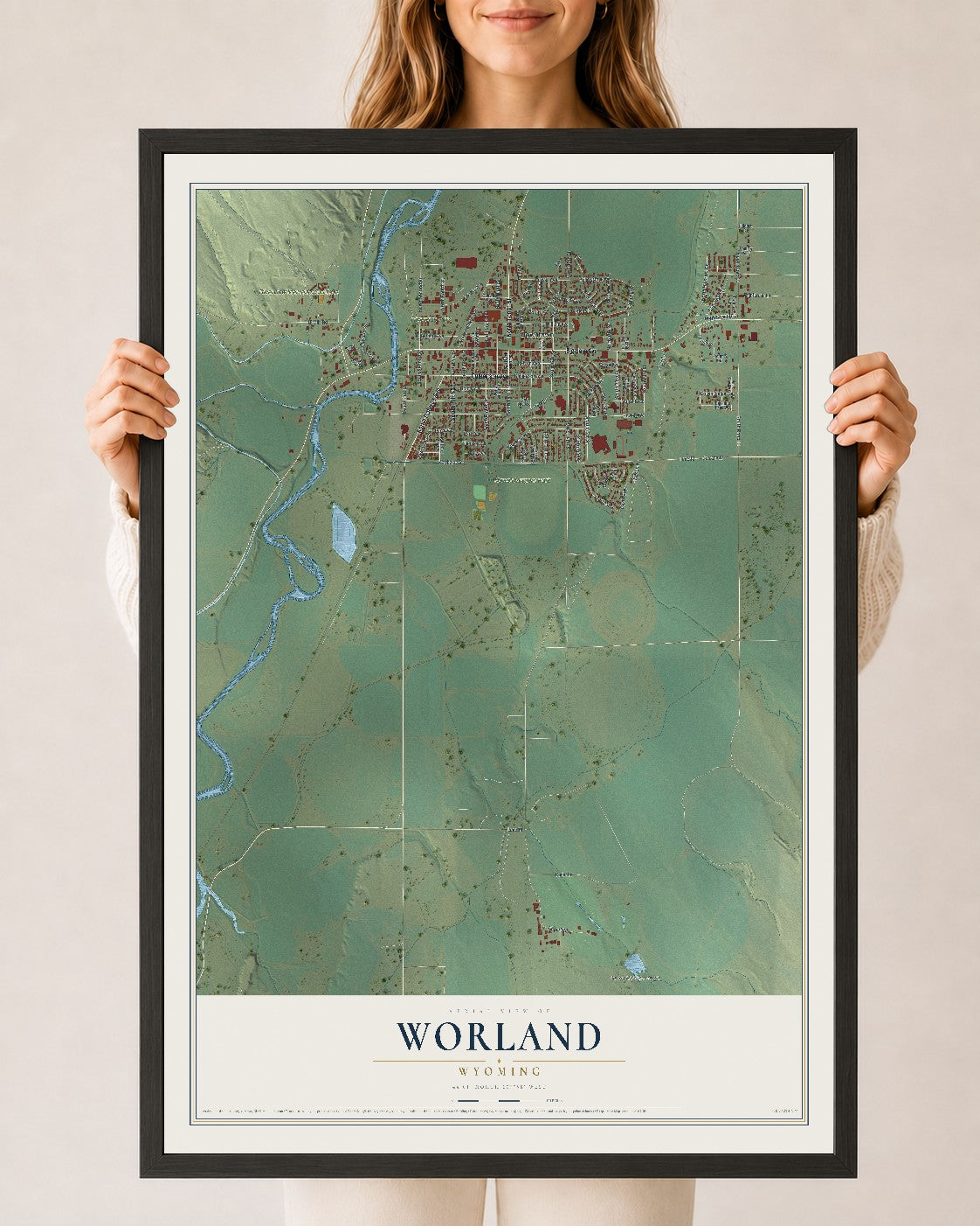 Map of Worland, Wyoming, 24 x 36 inch print in a black wood frame