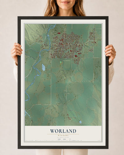 Map of Worland, Wyoming, 24 x 36 inch print in a black wood frame