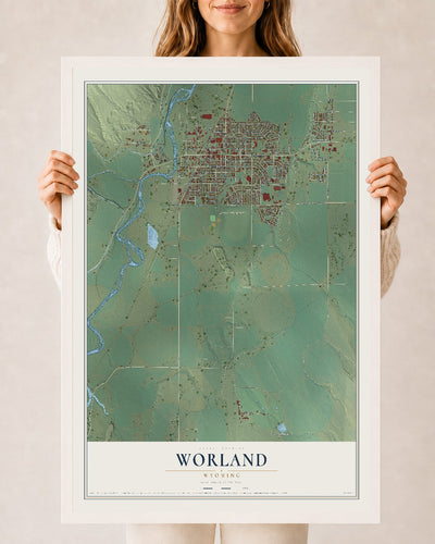 Map of Worland, Wyoming, 24 x 36 inch print in a white wood frame