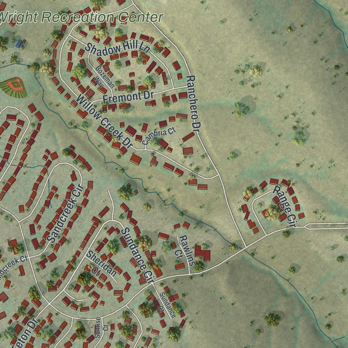 Close-up of the map of Wright, Wyoming print showing street and building detail