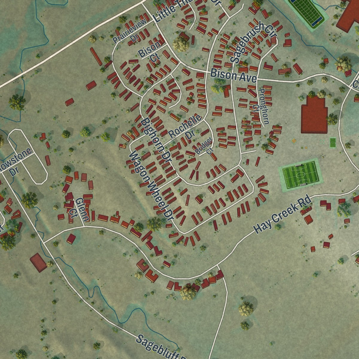 Second close-up of the map of Wright, Wyoming print showing more streets and buildings