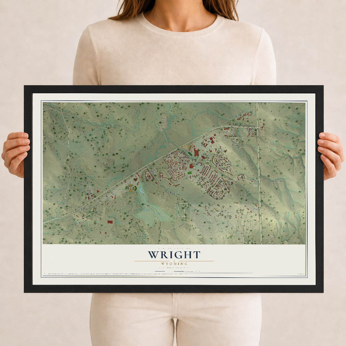 Map of Wright, Wyoming, 12 x 18 inch print in a black wood frame