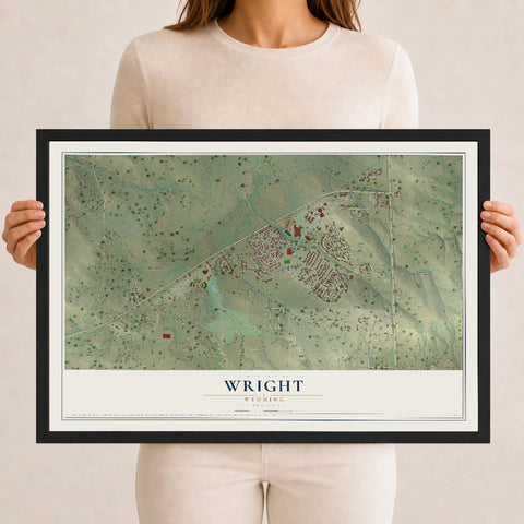 Map of Wright, Wyoming, 12 x 18 inch print in a black wood frame