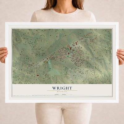 Map of Wright, Wyoming, 18 x 24 inch print in a white wood frame