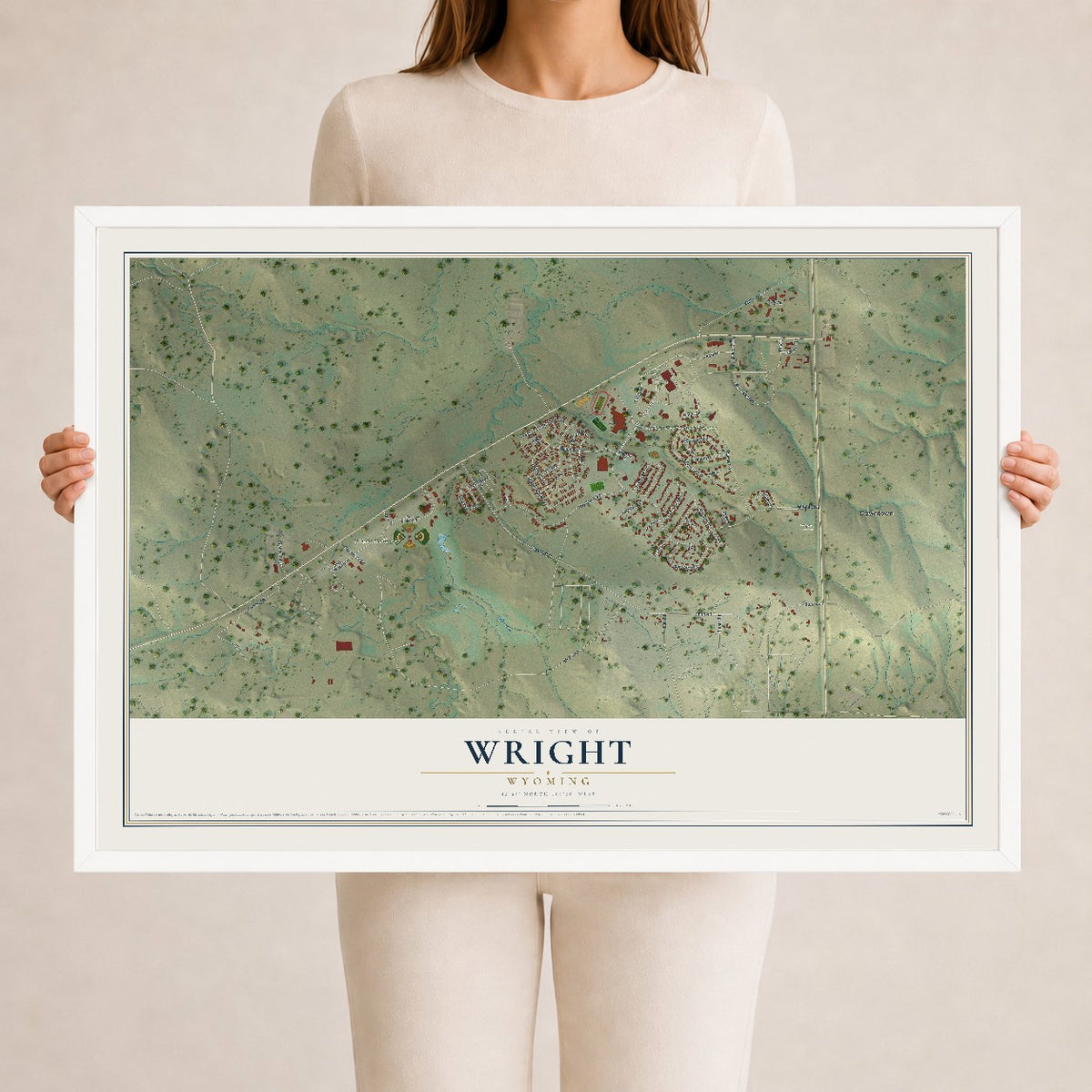 Map of Wright, Wyoming, 24 x 36 inch print in a white wood frame