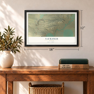 Y-O Ranch, Wyoming map, 12 x 18 inch print in a black frame in an entryway