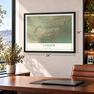 Y-O Ranch, Wyoming map, 18 x 24 inch print in a black frame in a home office