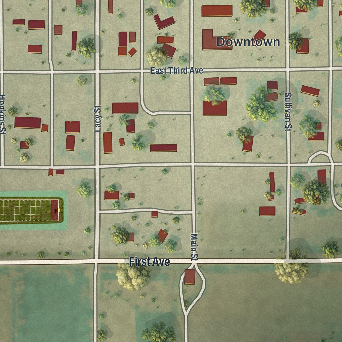 Close-up of the map of Yoder, Wyoming print showing street and building detail