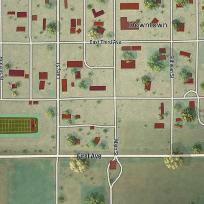 Close-up of the map of Yoder, Wyoming print showing street and building detail