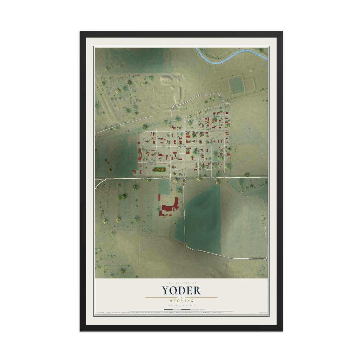 Map of Yoder, Wyoming, 12 x 18 inch print in a black wood frame