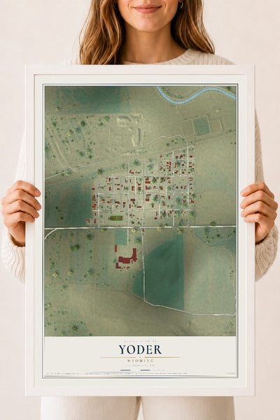 Map of Yoder, Wyoming, 18 x 24 inch print in a white wood frame