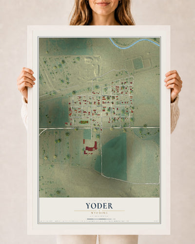 Map of Yoder, Wyoming, 24 x 36 inch print in a white wood frame