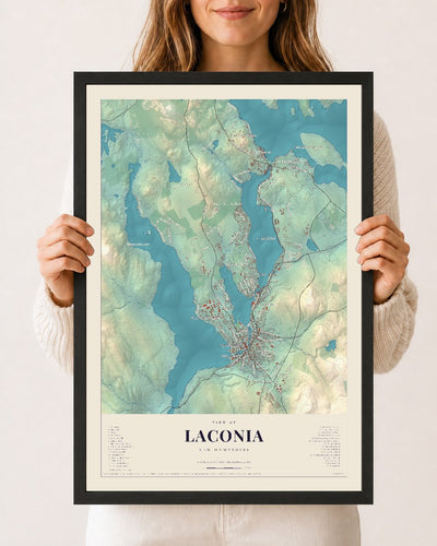Laconia, New Hampshire map print, 12 x 18 in black wood frame