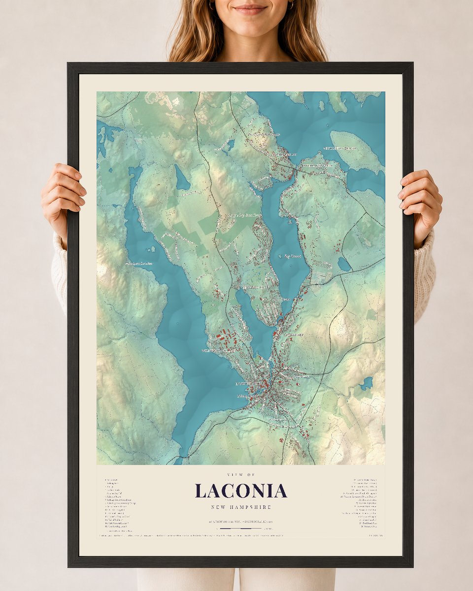 Laconia, New Hampshire map print, 24 x 36 in black wood frame