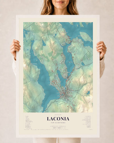 Laconia, New Hampshire map print, 24 x 36 in white wood frame