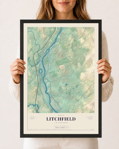 Litchfield, New Hampshire map print, 12 x 18 in black wood frame