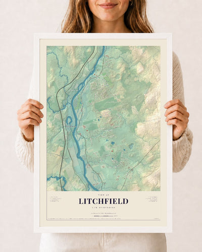 Litchfield, New Hampshire map print, 12 x 18 in white wood frame
