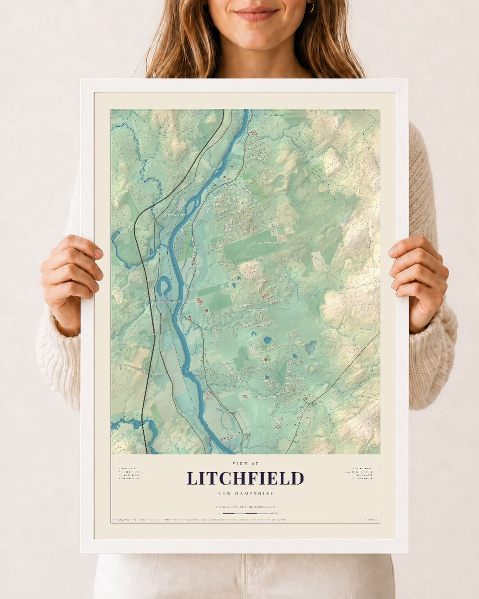 Litchfield, New Hampshire map print, 12 x 18 in white wood frame