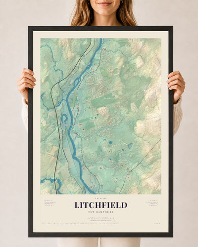Litchfield, New Hampshire map print, 24 x 36 in black wood frame
