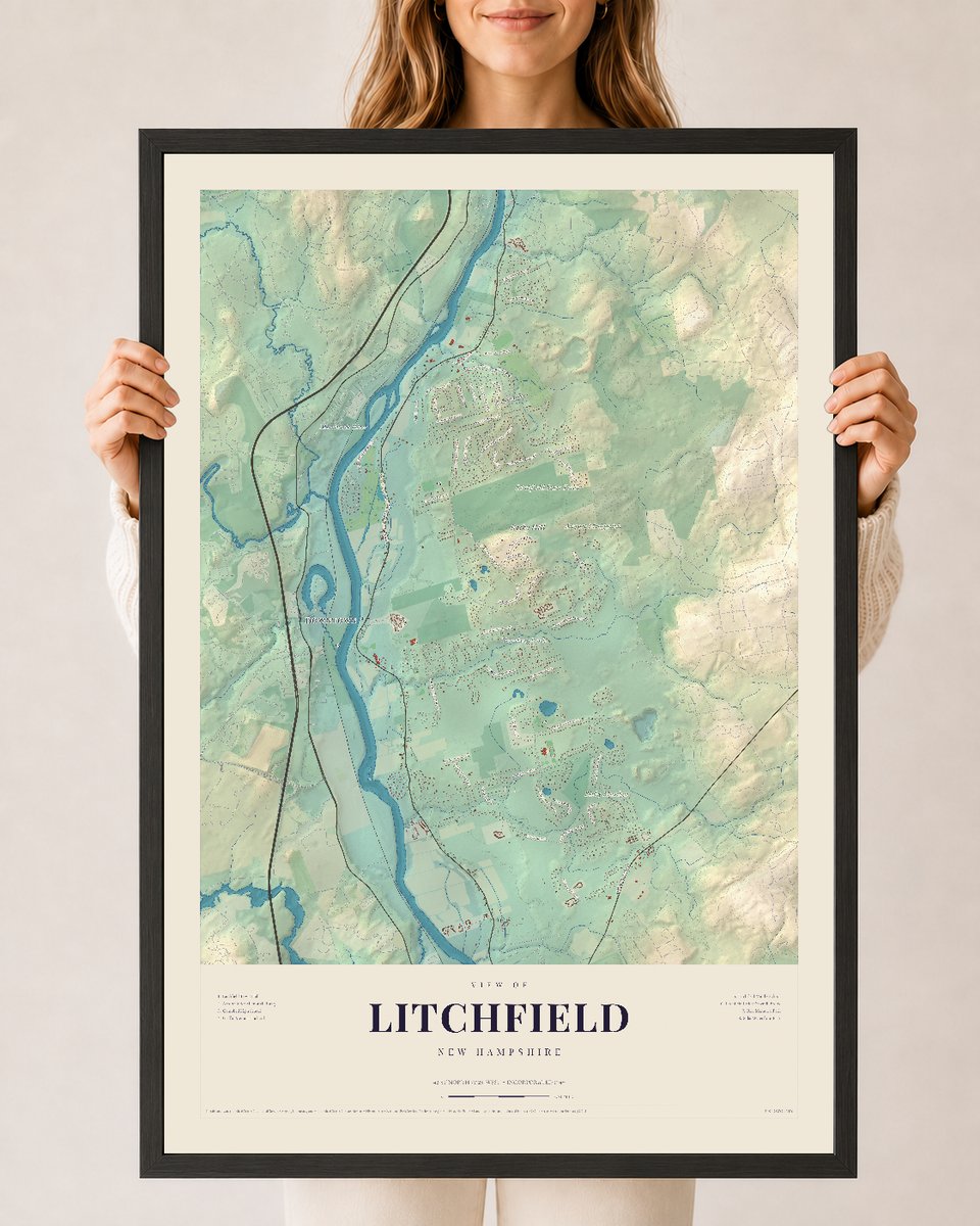 Litchfield, New Hampshire map print, 24 x 36 in black wood frame