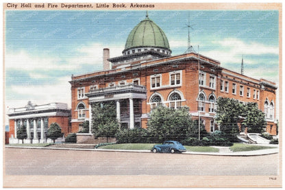 Little Rock City Hall and Fire Department Vintage Postcard 1930 - 1945 - Available at KNOWOL