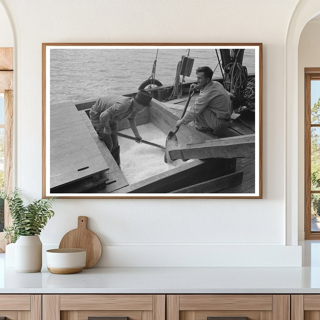 Loading Shaved Ice on Shrimp Boat Morgan City 1938 - Available at KNOWOL