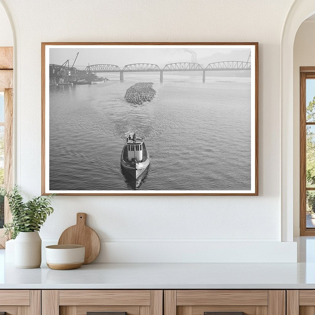 Log Rafts Towed on Willamette River Portland 1941 - Available at KNOWOL