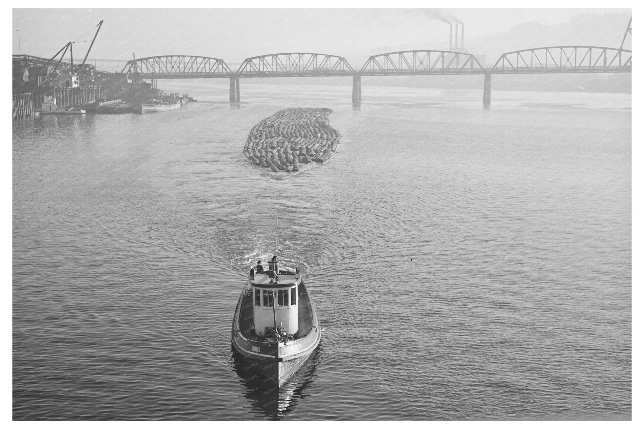 Log Rafts Towed on Willamette River Portland 1941 - Available at KNOWOL