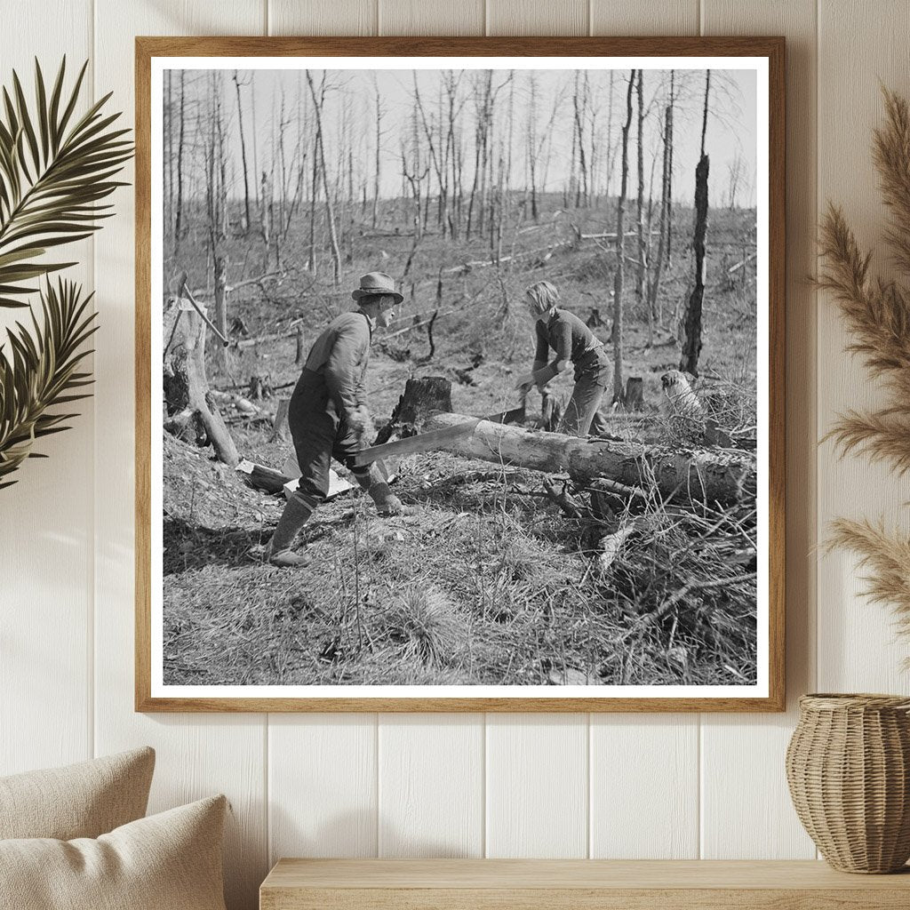 Lon Allen and Daughter Sawing Log Iron River Michigan 1937 - Available at KNOWOL