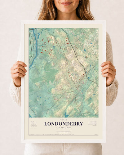 Londonderry, New Hampshire map print, 12 x 18 in white wood frame