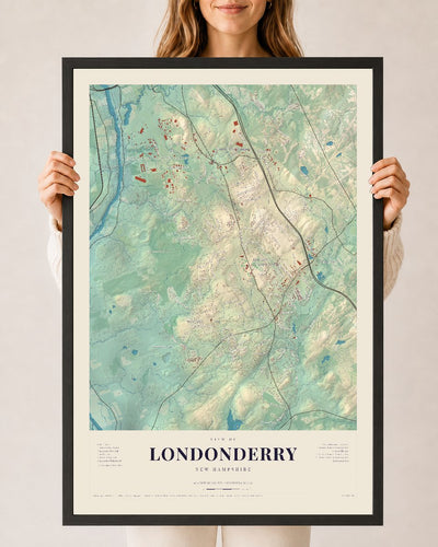 Londonderry, New Hampshire map print, 24 x 36 in black wood frame