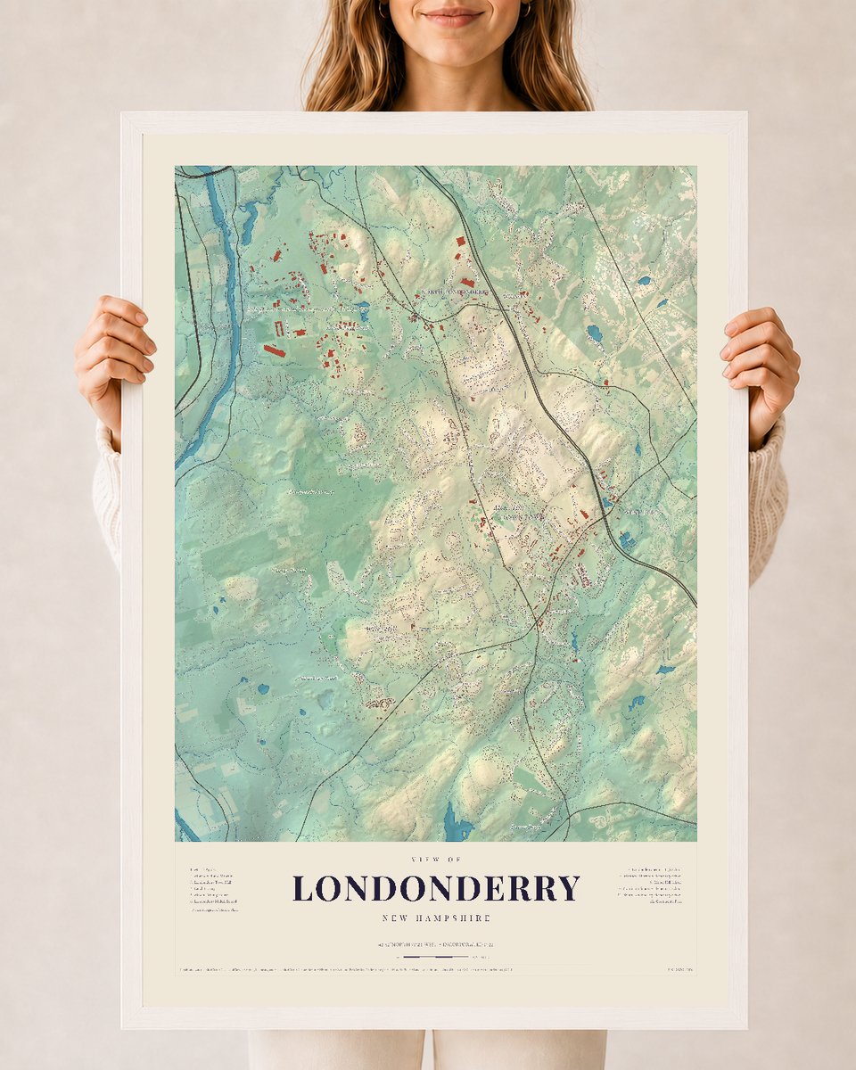 Londonderry, New Hampshire map print, 24 x 36 in white wood frame