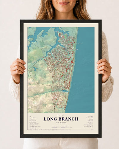 Long Branch, New Jersey map print, 12 x 18 in black wood frame