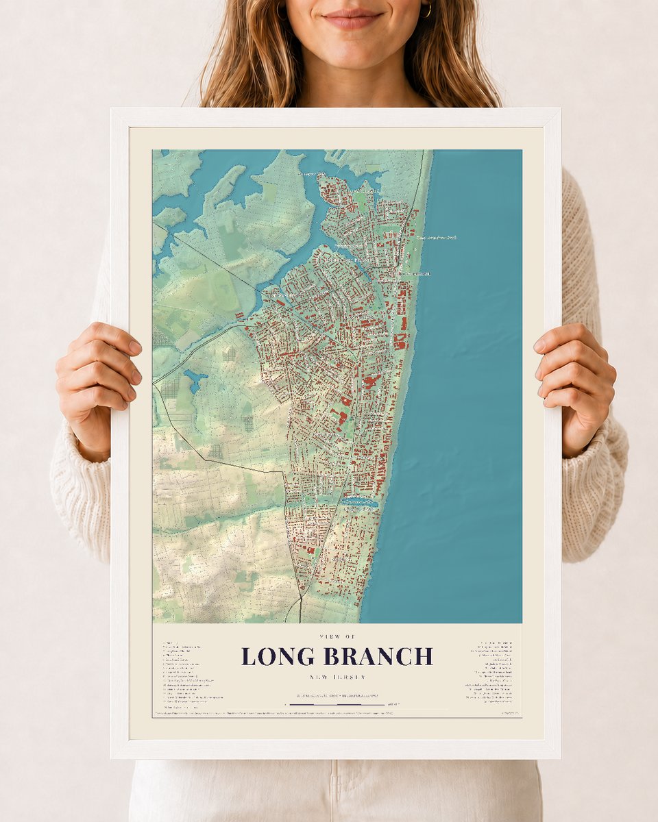 Long Branch, New Jersey map print, 12 x 18 in white wood frame