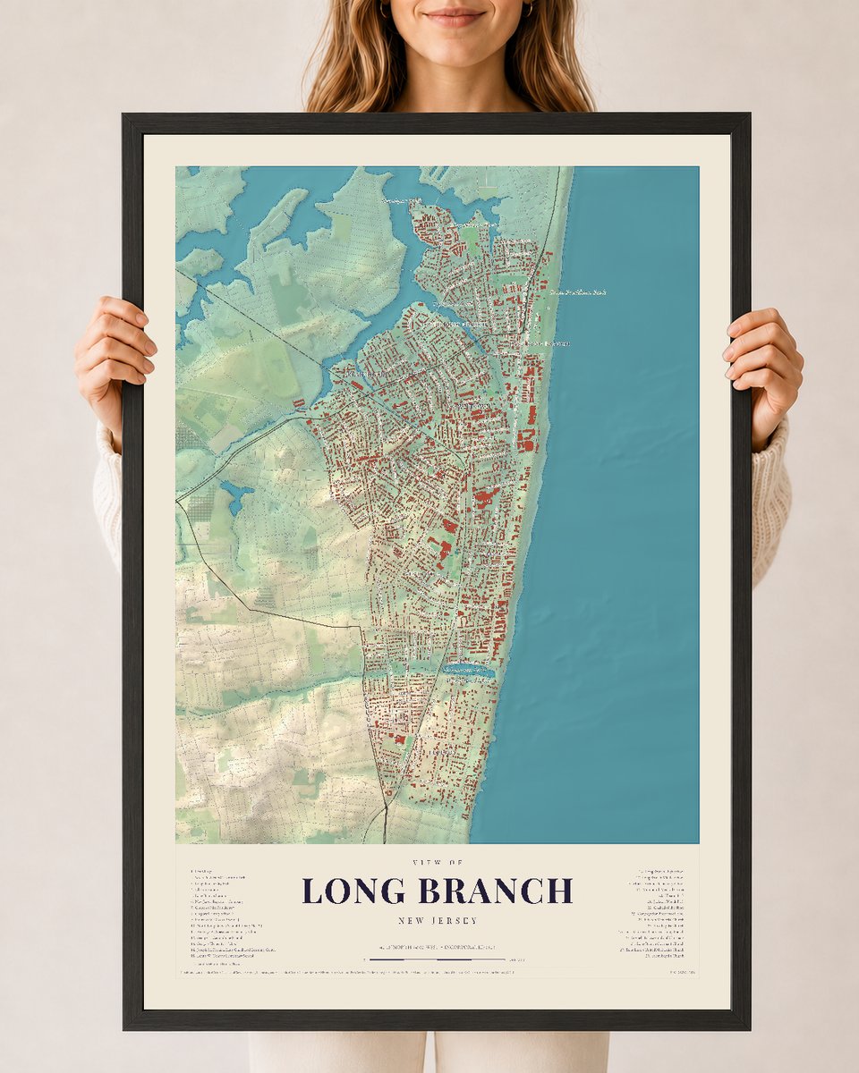 Long Branch, New Jersey map print, 24 x 36 in black wood frame