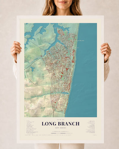 Long Branch, New Jersey map print, 24 x 36 in white wood frame