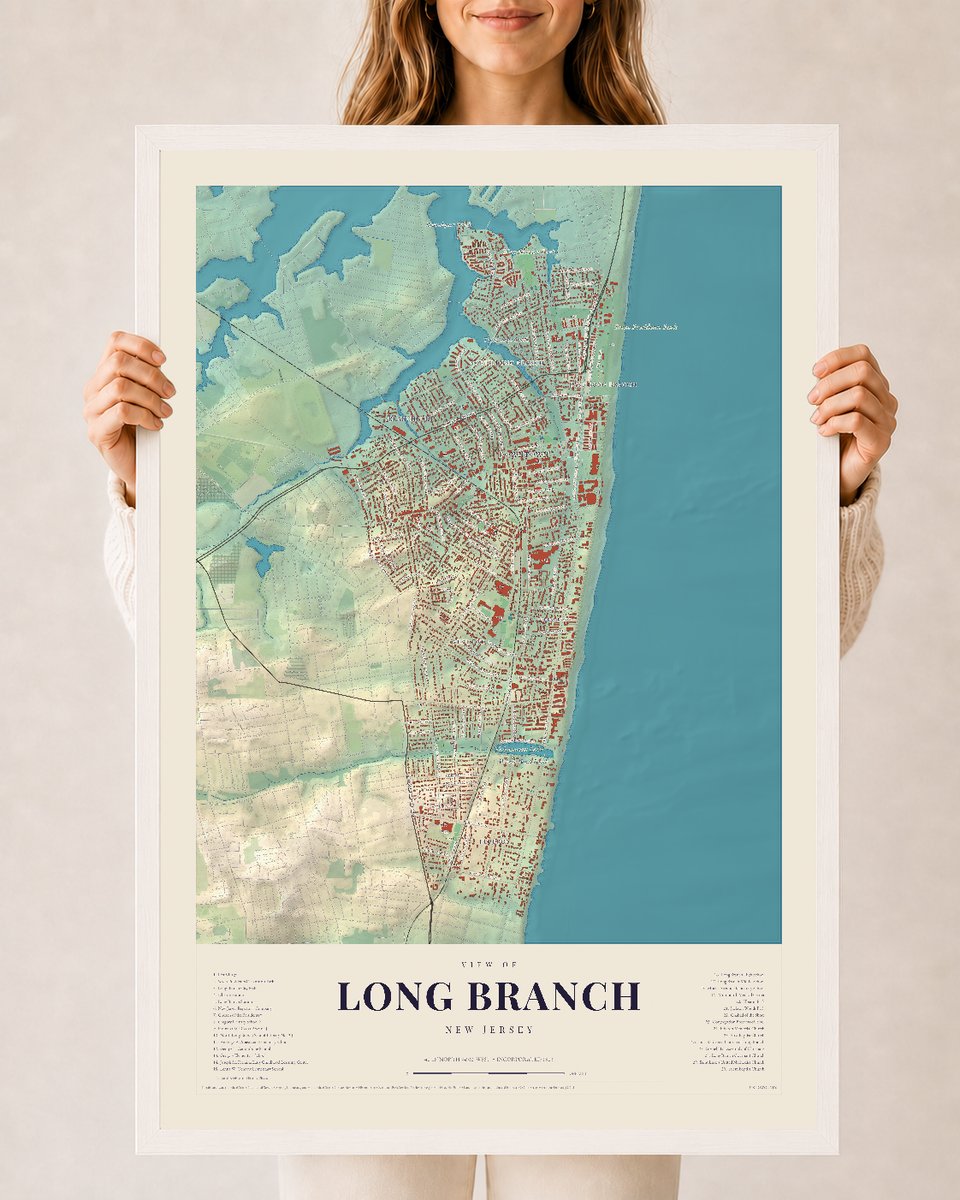 Long Branch, New Jersey map print, 24 x 36 in white wood frame
