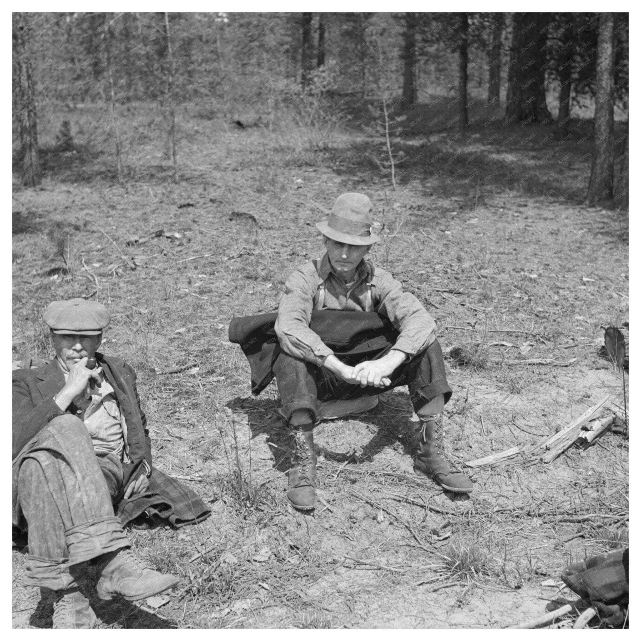 Lumberjacks Resting by Roadside Littlefork Minnesota 1937 - Available at KNOWOL