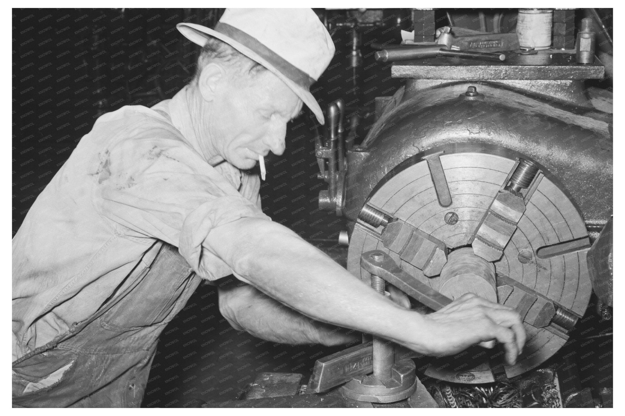 Machinist Operating Lathe at Oklahoma Oil Refinery 1939 - Available at KNOWOL