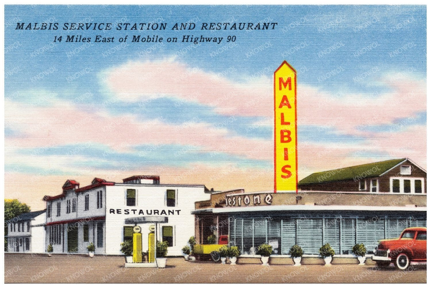 Malbis Service Station and Restaurant Alabama 1930s Postcard - Available at KNOWOL