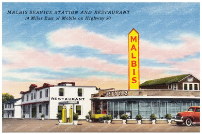 Malbis Service Station and Restaurant Alabama 1930s Postcard - Available at KNOWOL