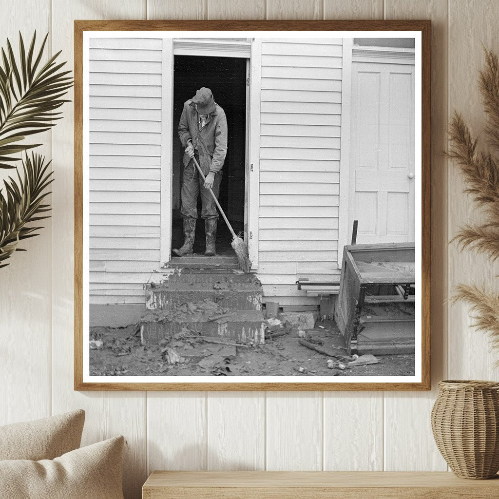 Man Sweeping Mud from Steps in Posey County Indiana 1937 - Available at KNOWOL