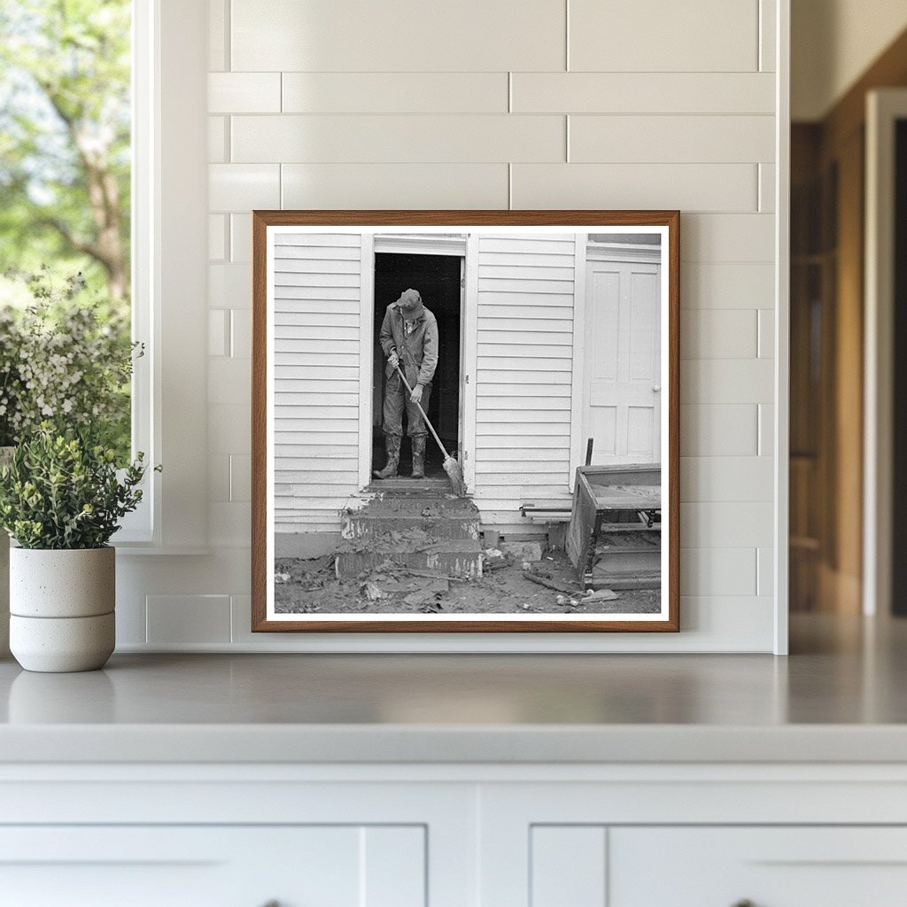 Man Sweeping Mud from Steps in Posey County Indiana 1937 - Available at KNOWOL