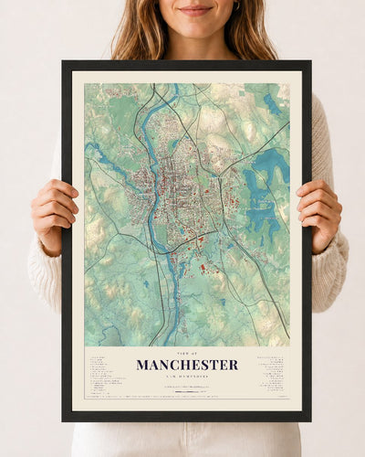 Manchester, New Hampshire map print, 12 x 18 in black wood frame