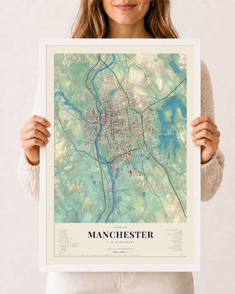 Manchester, New Hampshire map print, 12 x 18 in white wood frame