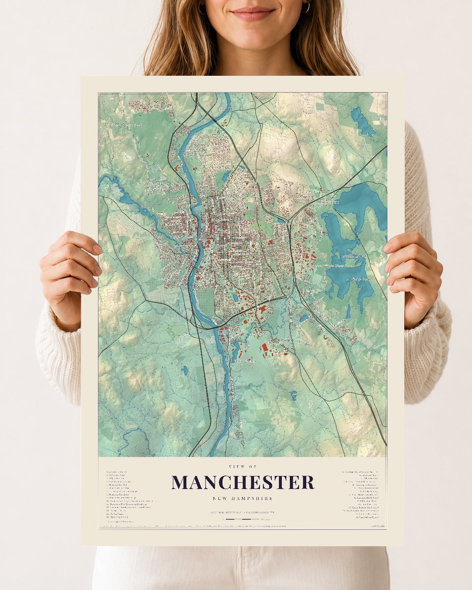 Manchester, New Hampshire map print, 12 x 18 archival matte print