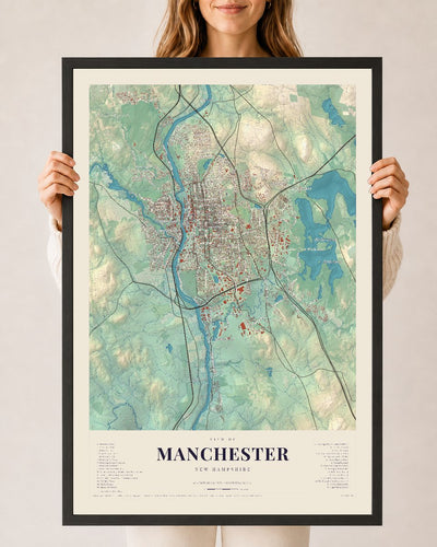 Manchester, New Hampshire map print, 24 x 36 in black wood frame
